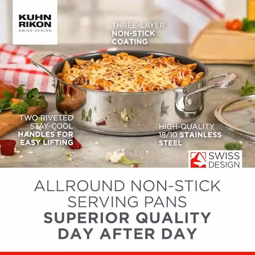 Kuhn Rikon Allround Non-Stick Stainless Steel Serving Pan, Silver, Diameter: 24 cm, Volume: 3 l – 7