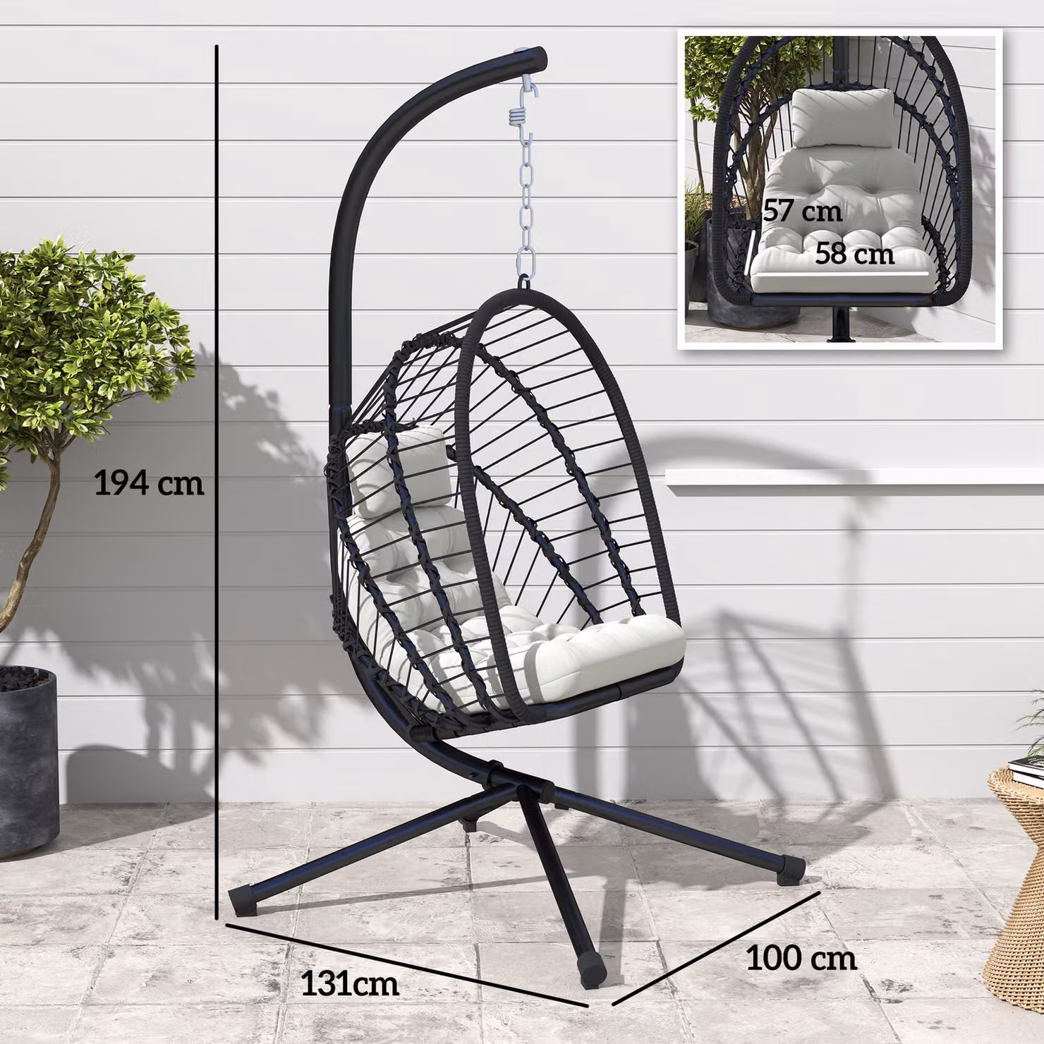Outsunny Black PE Rattan Egg Swing Chair with Metal Stand, Cushions and Adjustable Headrest for Indoor and Outdoor Use – 3