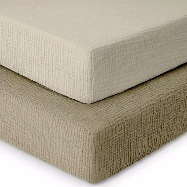MHG Living 2 Pack Muslin Cot Bed Fitted Sheets in Pink, Green and Beige