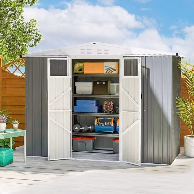 OUTSUNNY Light Grey Galvanised Steel Garden Storage Shed with Double Doors, Window and Side Vent, W/D/H: 243.84 x 121.92 x 180 cm – 1