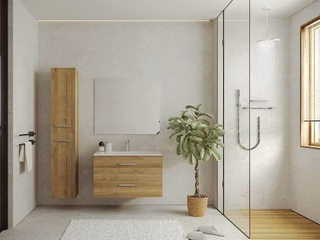 Vente-unique Modern Wall-Mounted Bathroom Unit with Vanity, Tall Cabinet and Storage Column in Light Oak Finish – 1