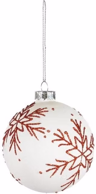 KDMD 3 Pack White Glass Baubles with Red Glitter Snowflake Design, Diameter: 8 cm