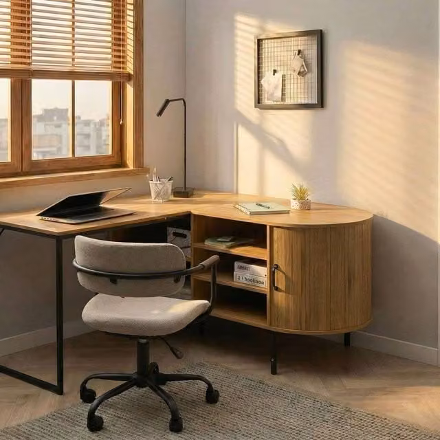 Wyld and Coco Industrial Corner Office Desk with Sliding Door in Light Brown Wood and Black Iron