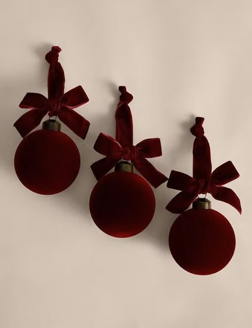 M&S 3 Pack Large Red Velvet Glass Christmas Baubles