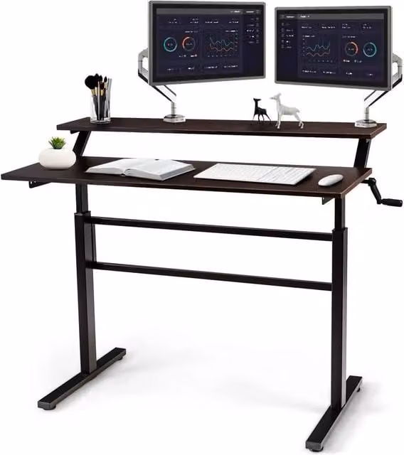 KORVIXA Height Adjustable Two-Tier Computer Desk in Brown – 1