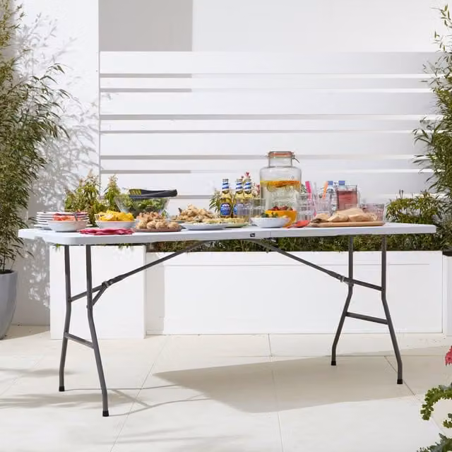 Neo White Folding Picnic Table with Rectangular Plastic Top and Powder Coated Steel X-Frame, W/D/H: 180 x 60 x 60 cm