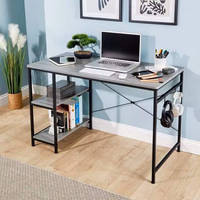 Home Source Stanton Computer Desk in Grey Oak Effect with Adjustable Shelves and Storage Hook
