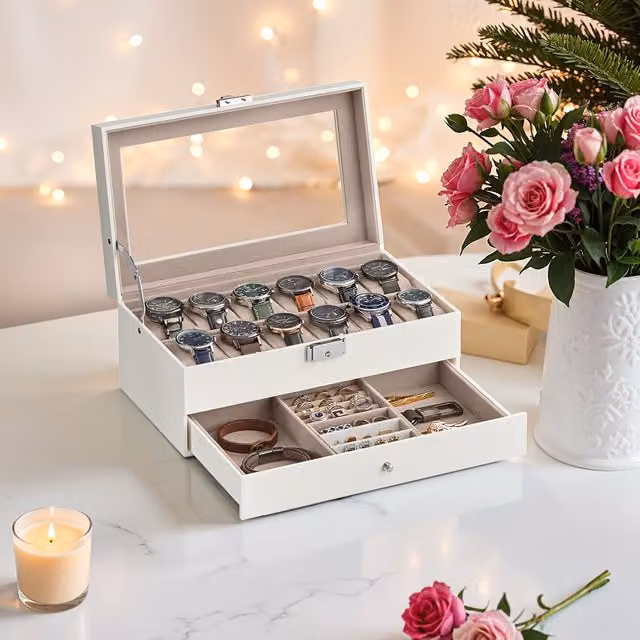 SONGMICS 12-Slot Watch Box with Glass Lid and Drawer, White
