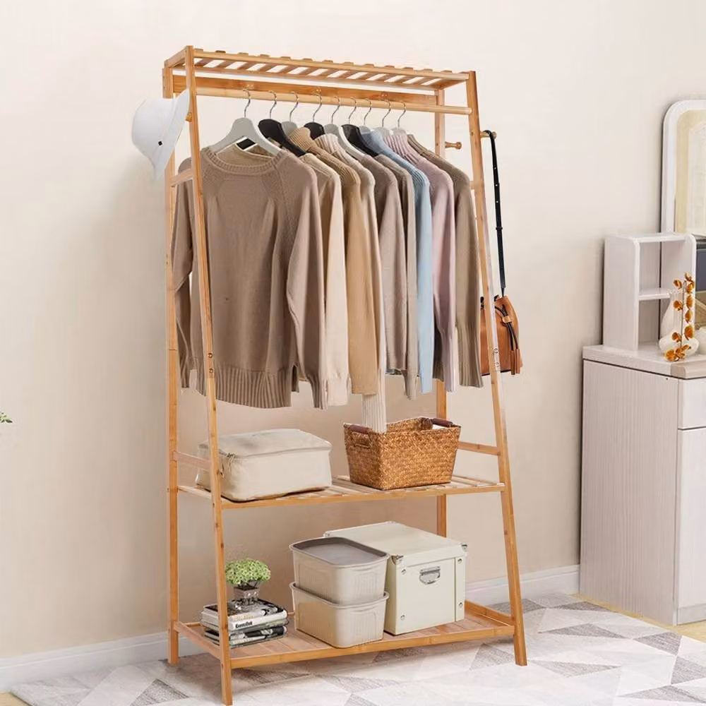 Havendro Bamboo Garment Rack with Shelf and Shoe Storage in Sand, H 165 x W 43.5 x D 80 cm – 2