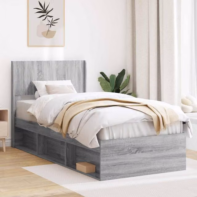 Berkfield Home 3-Piece Modern Bed Frame with Headboard and Side Compartment Storage in Grey Engineered Wood, 90 x 200 cm – 1