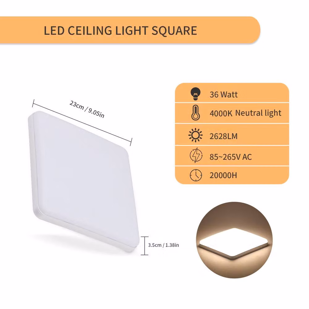 Goeco Modern Square LED Ceiling Light, 36W, 4000K, IP44, White – 3