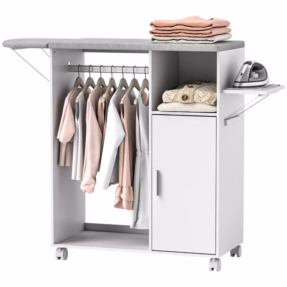 HOMCOM Foldable Rolling Ironing Board Cabinet with Storage, White – 2