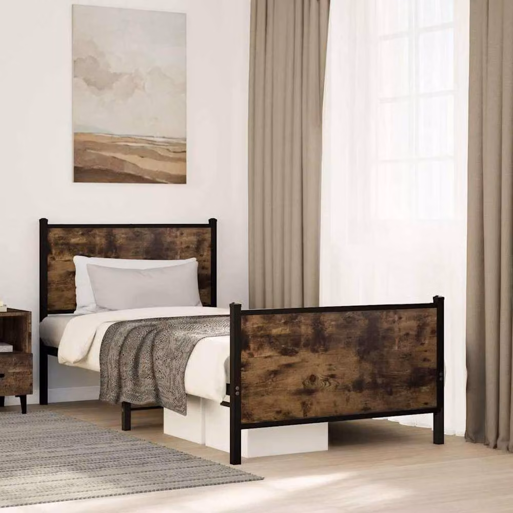 Berkfield Home Metal Bed Frame in Smoked Oak and Brown, W/D/H: 80 x 200 x 91.5 cm – 2