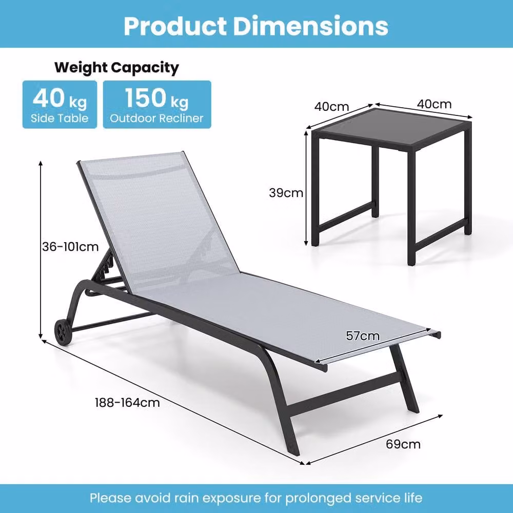 Gymax Set of 2 Grey Outdoor Chaise Lounge Chairs with Wheels and Side Trays – 1