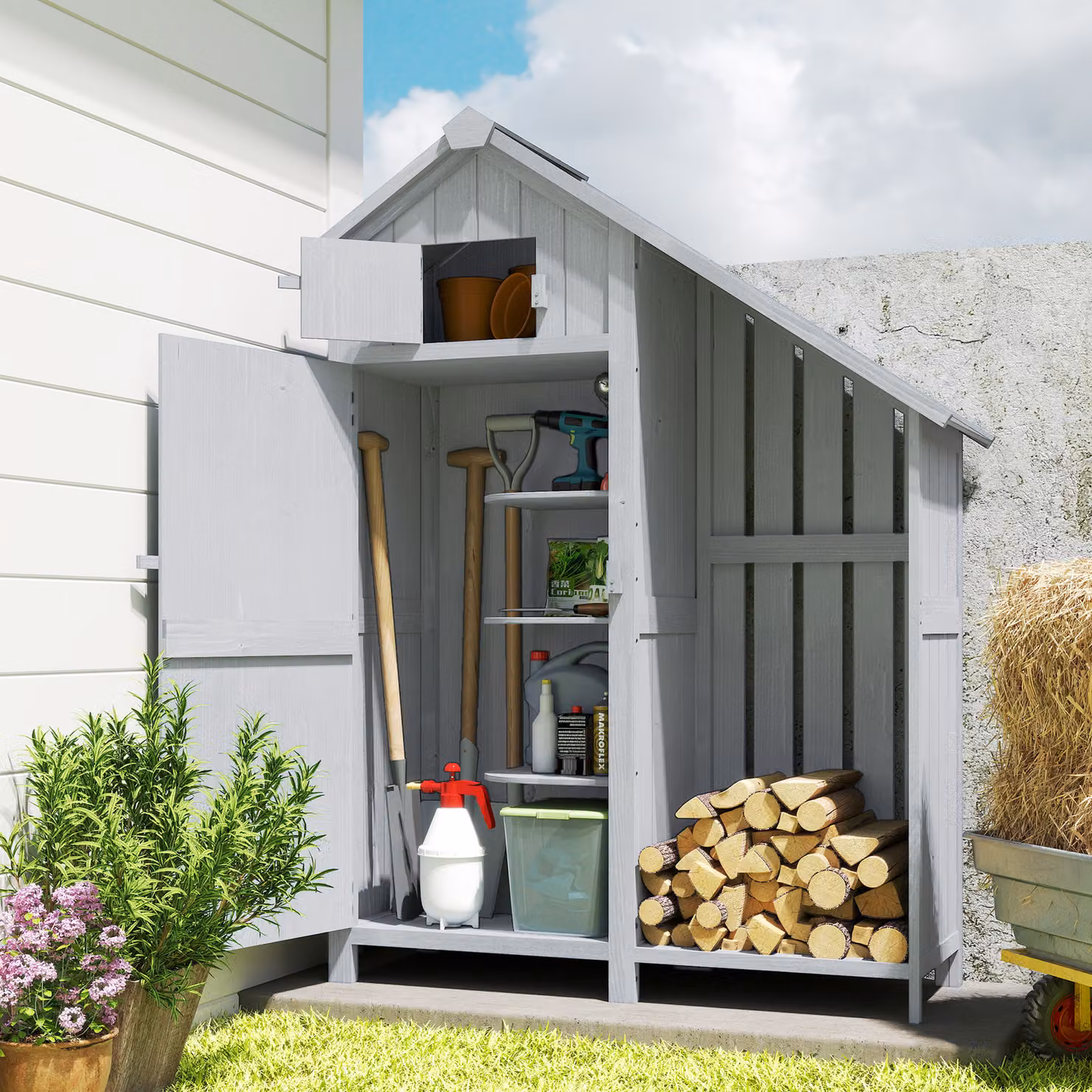 Outsunny Garden Outdoor Storage Shed with 3 Shelves and Firewood Rack, Grey/Black, W: 129 cm, D: 51.5 cm, H: 180 cm – 2