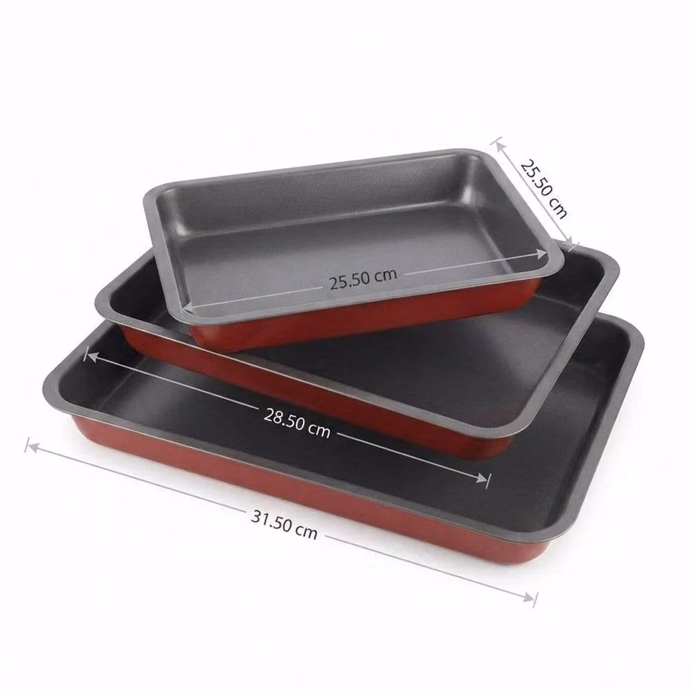 PAWNORA 3 Piece Non Stick Red Carbon Steel Rectangular Baking Tray Set – 2
