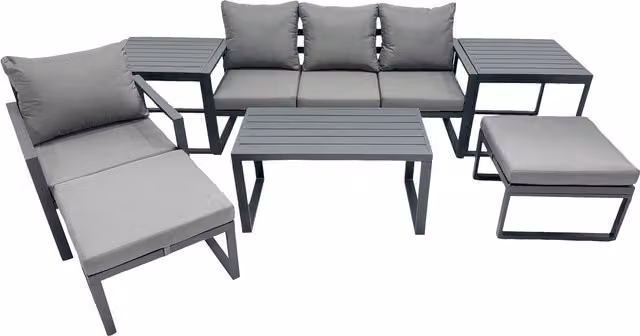 Fimous 6-Seater L-Shape Outdoor Garden Furniture Set in Dark Grey, featuring a 3-Seater Sofa, Ottoman, and Coffee Table with Powder Coated Aluminium Frame and Upholstered Cushions