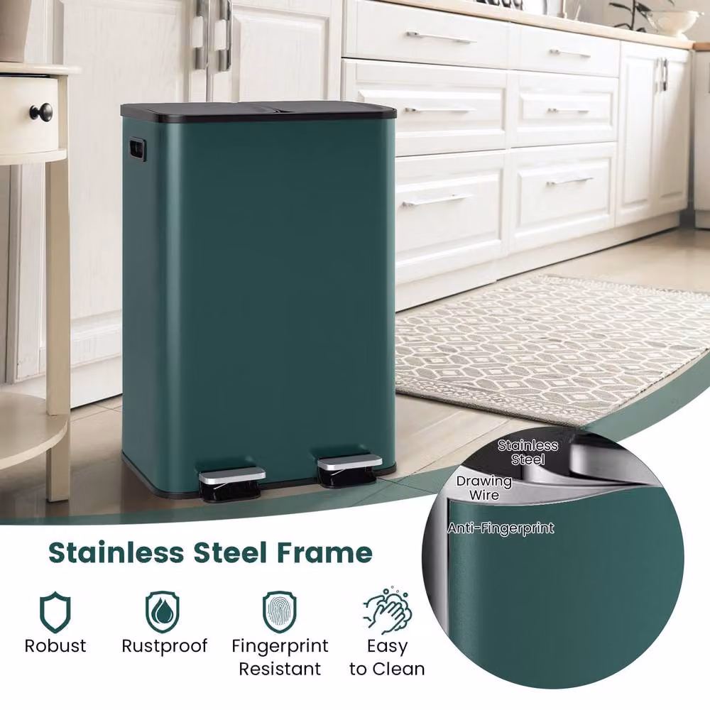 Costway 60L Dual Compartment Pedal Trash Bin with Soft Close and Fingerprint Proof Stainless Steel in Green – 7