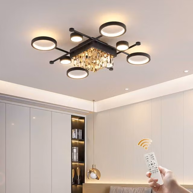 NIVOR Dimmable 65W LED Ceiling Light in Jet Black with Remote Control, Rectangular Flush Mount with Crystal and Acrylic Details – 1