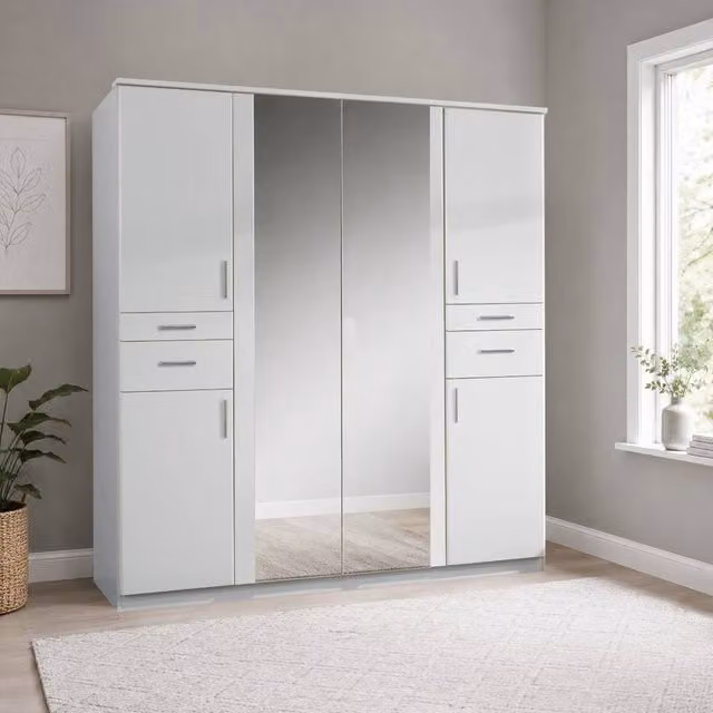 KDMD Harrogate White 4 Door Wardrobe with Mirrors and Integrated Storage Drawers H 180 x W 199 x D 58 cm