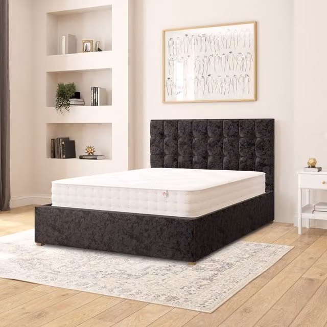 Aspire Sinatra Black Velvet Fabric Ottoman Storage Bed, W/D/H: 140 x 200 cm