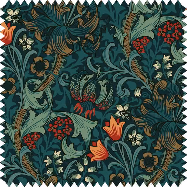 House of Hackney Golden Lily Jacquard Midnight Blue and Green Multicolour Fabric for Adults