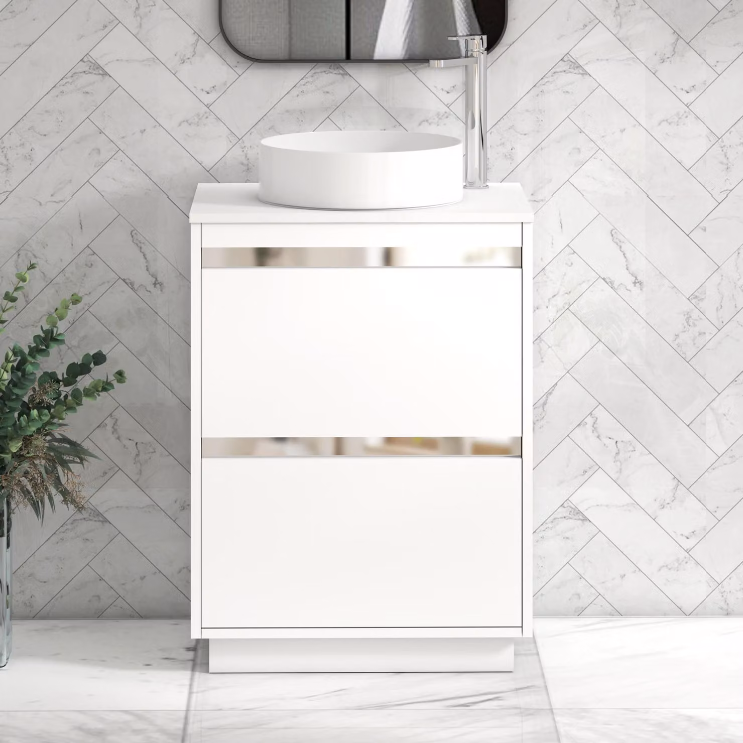 Royal Bathrooms Orion 600mm Matt White Floor Standing 2 Drawer Vanity Unit with Art Basin and Chrome Accent Trim