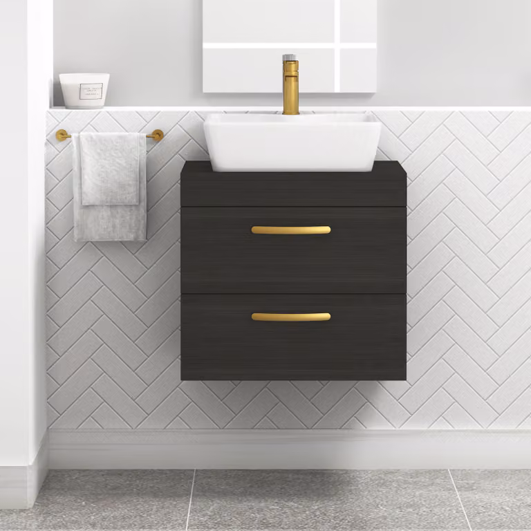 Royal Bathrooms 600mm Wall Hung Vanity Unit with 2 Drawers in Charcoal Oak and Cube Countertop Basin with Brushed Brass Handle