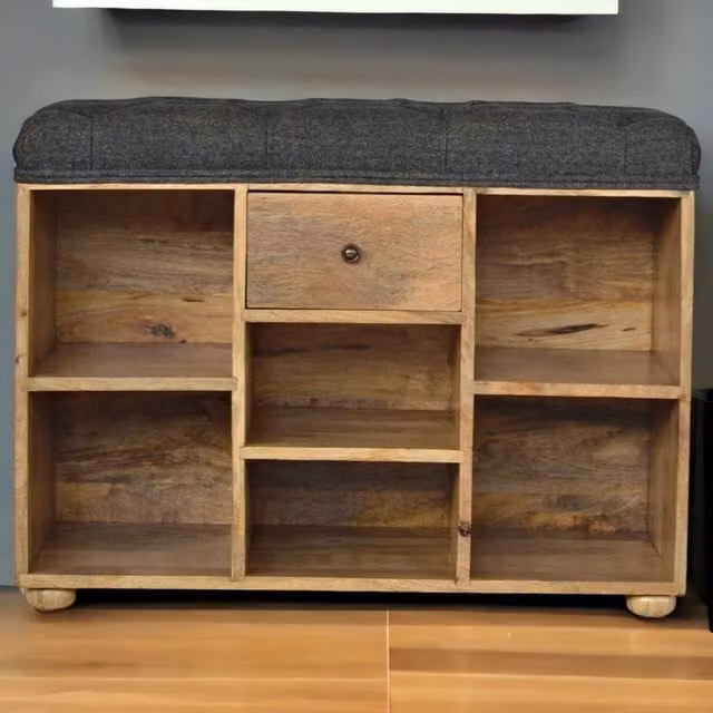 Artisan Furniture Mango Wood 1 Drawer Shoe Rack Bench with Black Tweed Upholstery in Brown