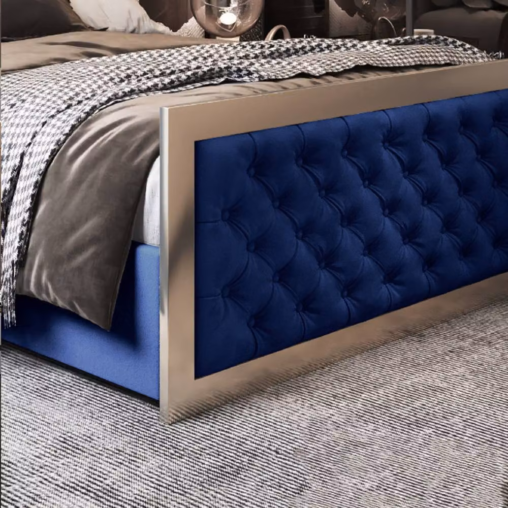 Casani Launceston Upholstered Velvet Designer Bed Frame in Blue with Metal Accents, W/D/H: 200 x 200 x 137 cm – 5