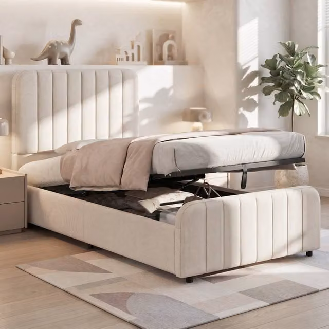 BTM Single Upholstered Linen Hydraulic Ottoman Storage Bed in Beige, W/D/H: 90 x 190 x 36 cm