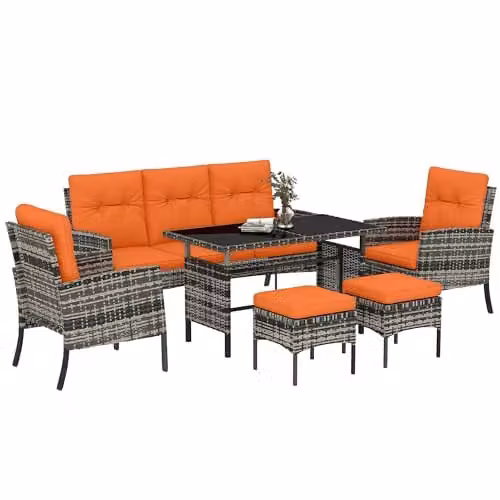 Outsunny 6 Piece Rattan Garden Furniture Set with Orange Upholstered Cushions and Powder Coated Steel Frame