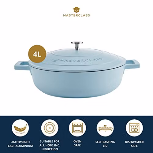 MasterClass Shallow Casserole Dish with Lid, 4L, Sky Blue, Cast Aluminium – 2