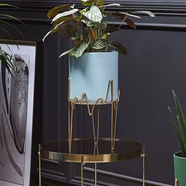 Wyld and Coco Blue and Gold Metal Plant Stand, W/D/H: 19 x 19 x 39 cm – 1