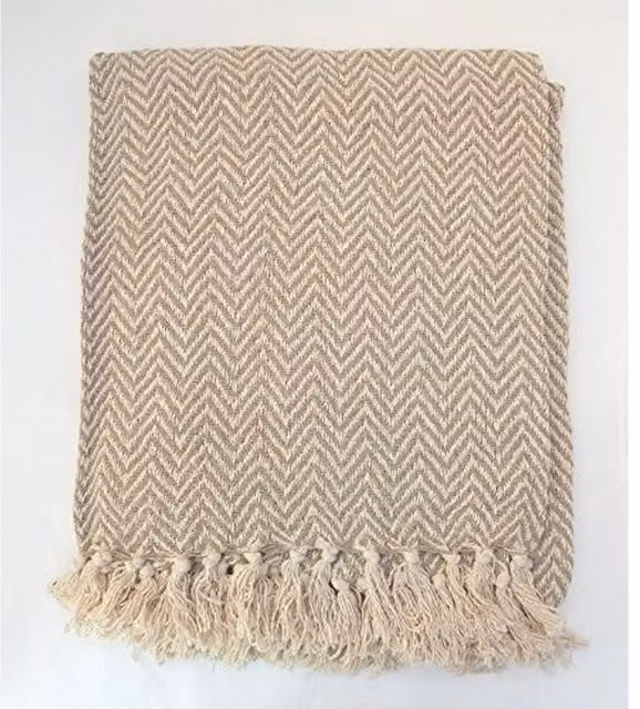 Absolutely Natural Lifestyle Chevron Woven Cotton Throw in Sand and Brown, W/D/H: 255 x 255 x 1 cm