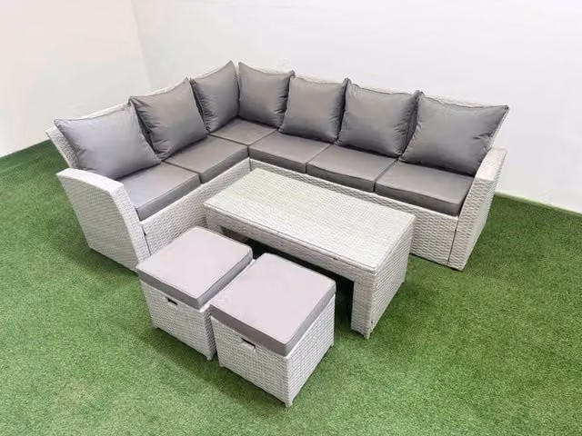 Fimous Outdoor 8 Seater Corner Sofa Set with 2 Small Stools in Light Grey Rattan and Metal