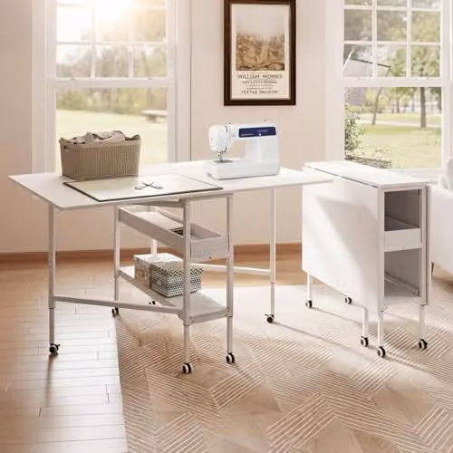 Levede White Folding Adjustable Sewing Table with Mobile Castors and Storage Shelves, Height: 84-102 cm, W/D/H: 146 x 90 x 84-102 cm