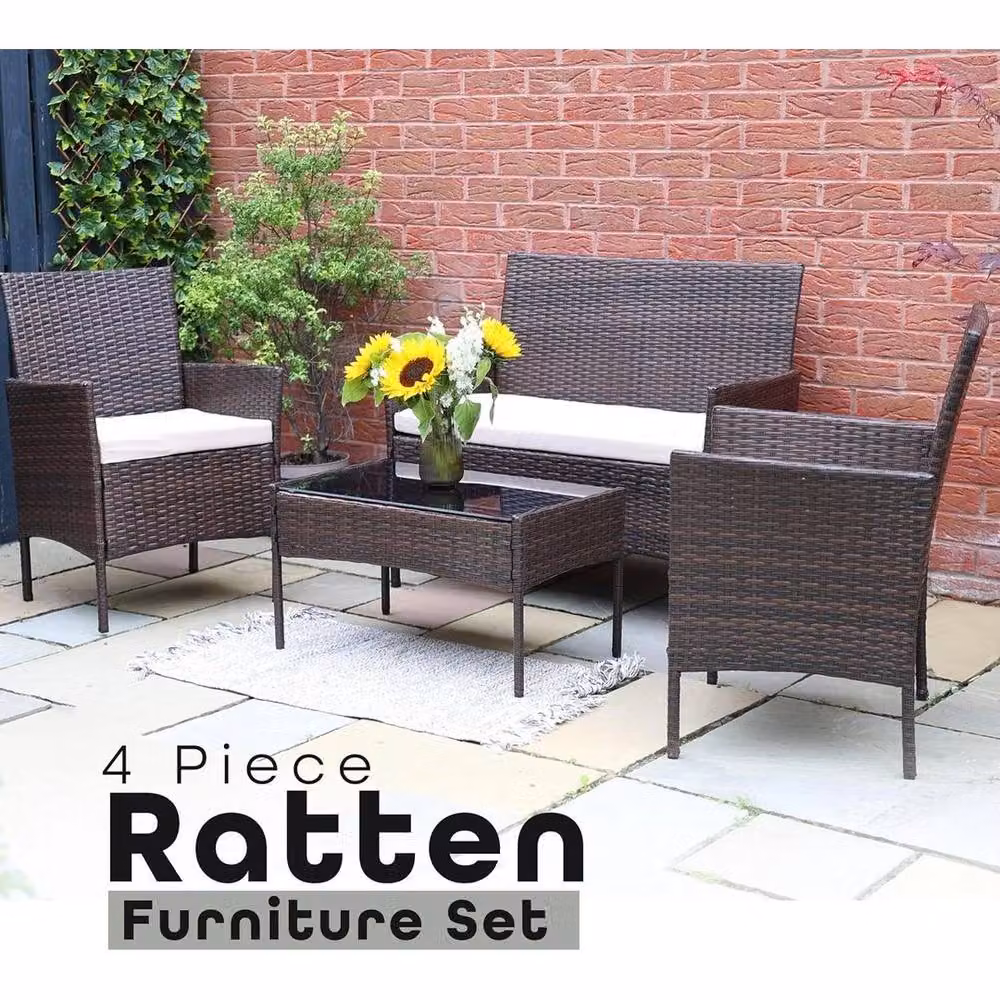 SPETLEK 4-Piece Brown Polyrattan Garden Furniture Set with Upholstered Cushions – 3