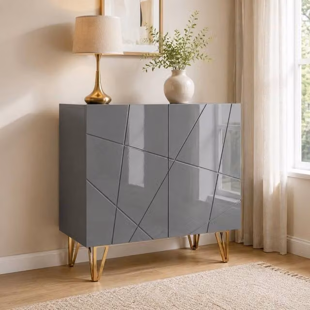 STILVORA Modern Glossy Grey Sideboard with Metal Legs and Gold Accents – 1