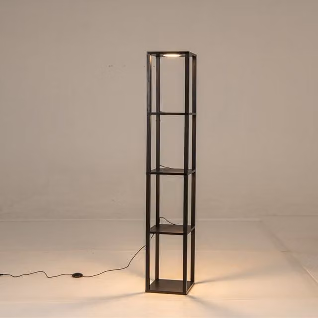 Costway Black LED Floor Lamp with 4-Tier Wood and Metal Shelves and Dimmable Adjustable Lighting