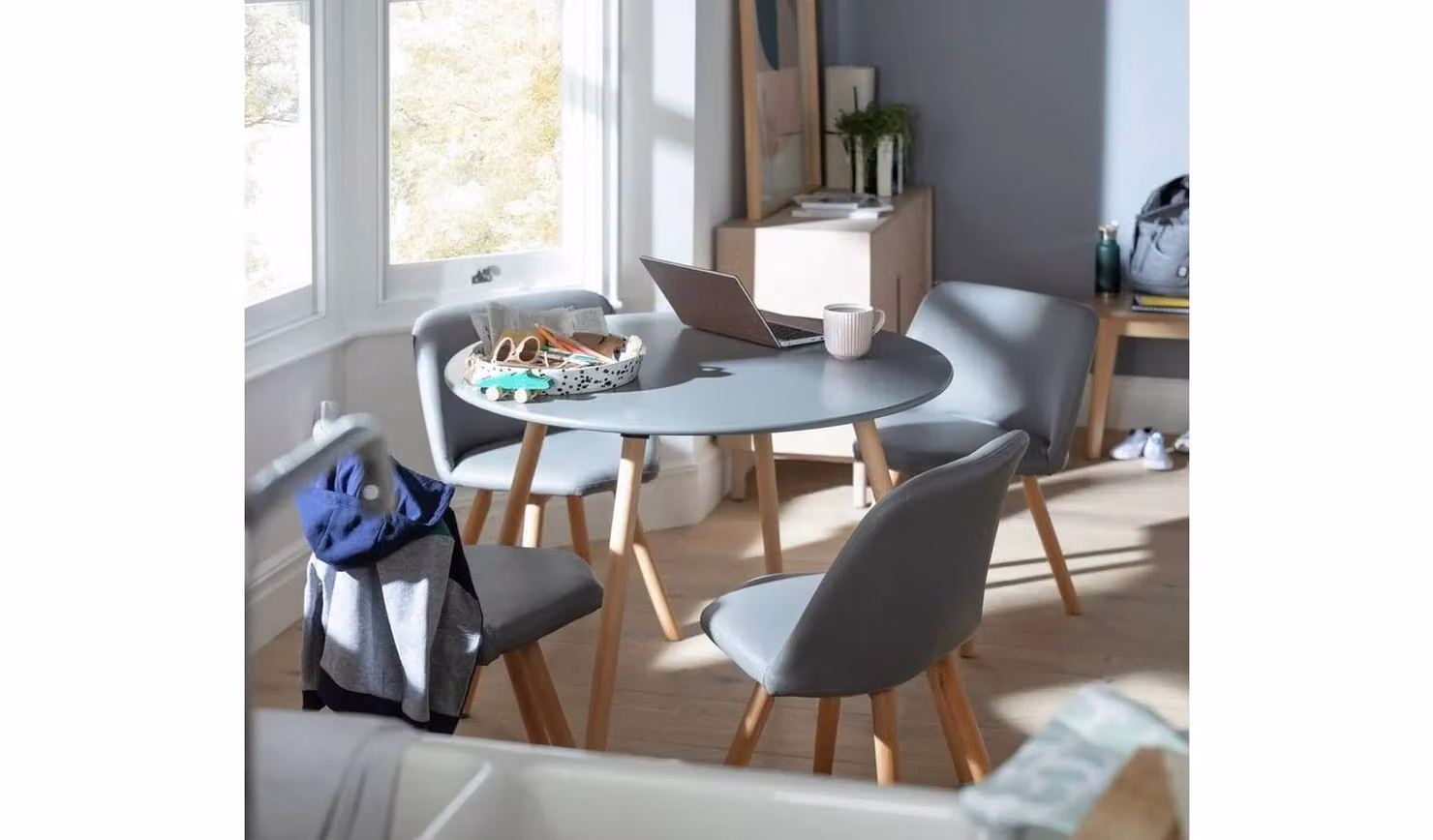 Quattro Grey Round Dining Table and 4 Chairs Set with Solid Wood Legs
