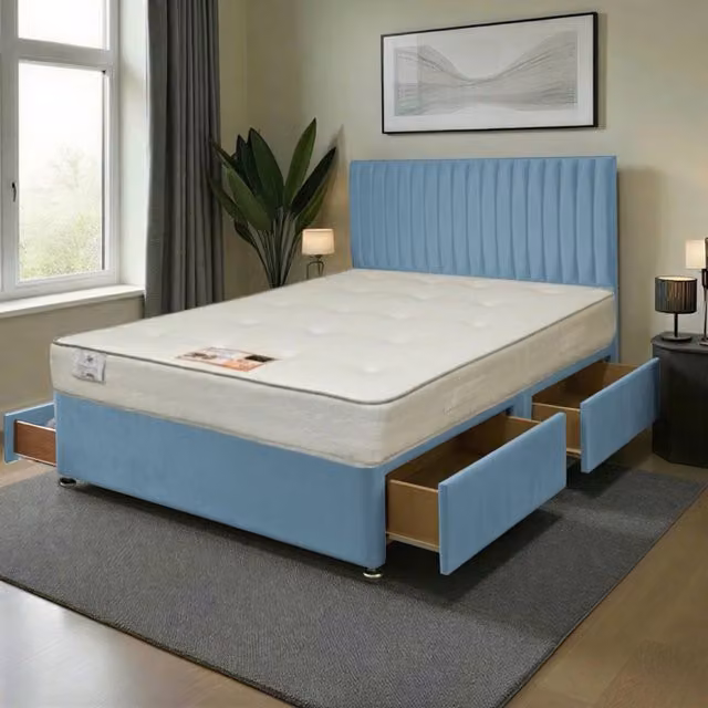 Emily Plush Bed Set with Knight Sleep Princess Mattress and Floorstanding Headboard in Sky Blue, Superking, W/D/H: 200 x 200 cm