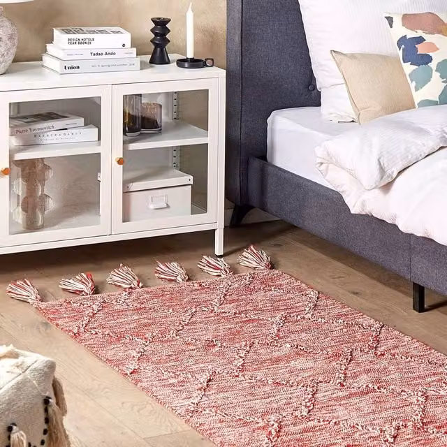 Wyld and Coco Red and White Geometric Cotton Area Rug with Fringes, W: 80 cm, L: 150 cm – 1