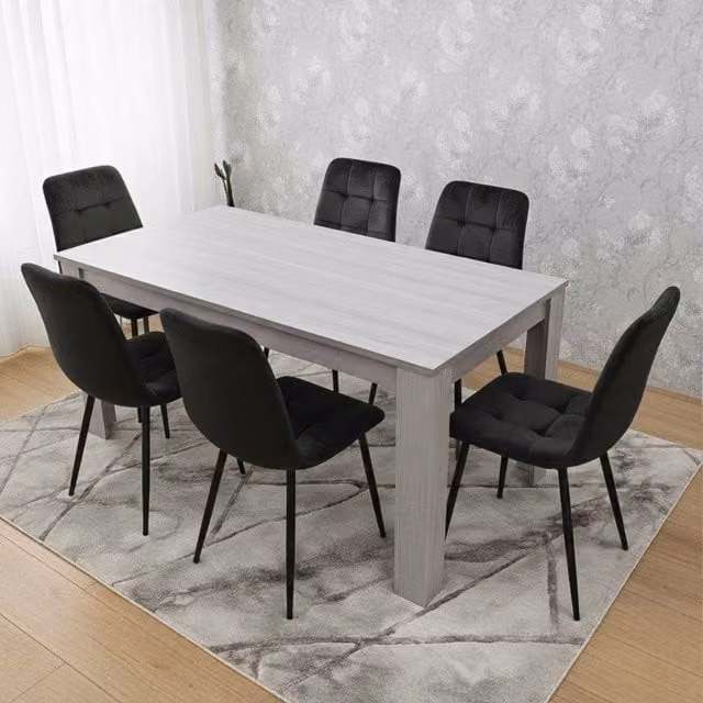 KOSY KOALA Modern Grey Rectangular Dining Table Set with 6 Black Velvet Chairs, W/D/H: 177 x 77 x 75 cm – 1