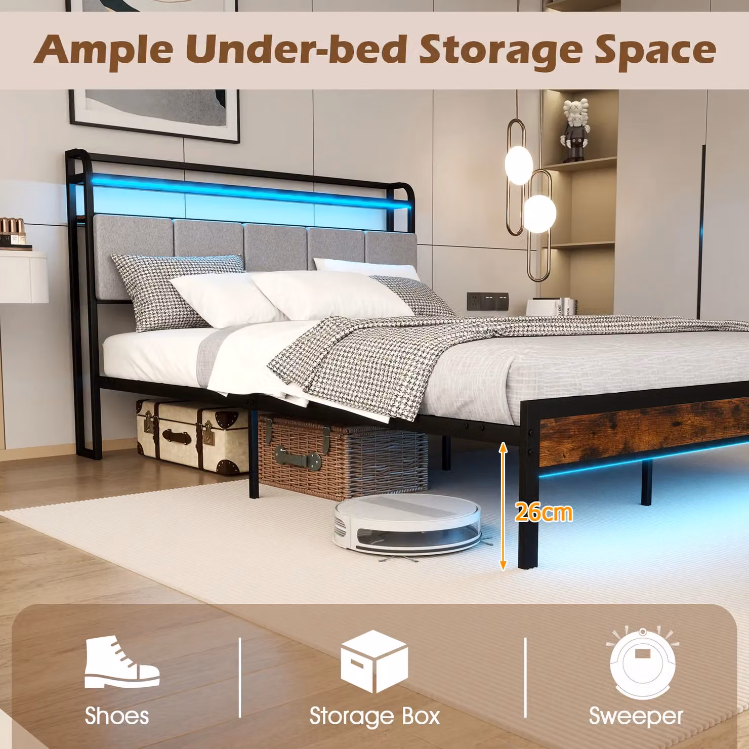 Gymax King Bed Frame with LED Lighting, USB Charging Station and Side Compartments, Black Upholstered Platform Bed, W/D/H: 180 x 200 cm – 5