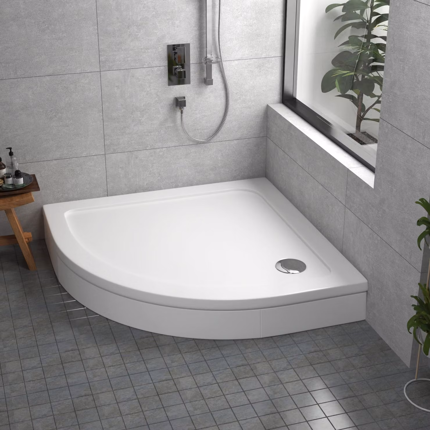 Apex White Mineral Cast Quadrant Stone Shower Tray with Riser Kit, W/D/H: 76 x 76 x 3 cm