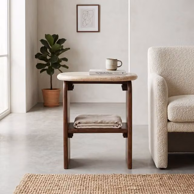 Elm Home And Garden Modern Round Marble and Mango Wood Side Table in Brown