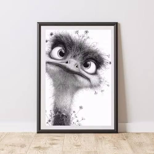60 Second Makeover Ostrich with Daisies Floral Print Wall Art Poster, Multicolour, A3