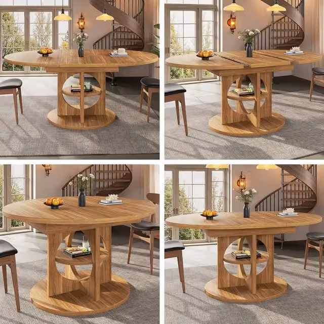 BTM Extendable Round to Oval Dining Table in Brown for 8 People, W/D/H: 110 x 110 x 76 cm