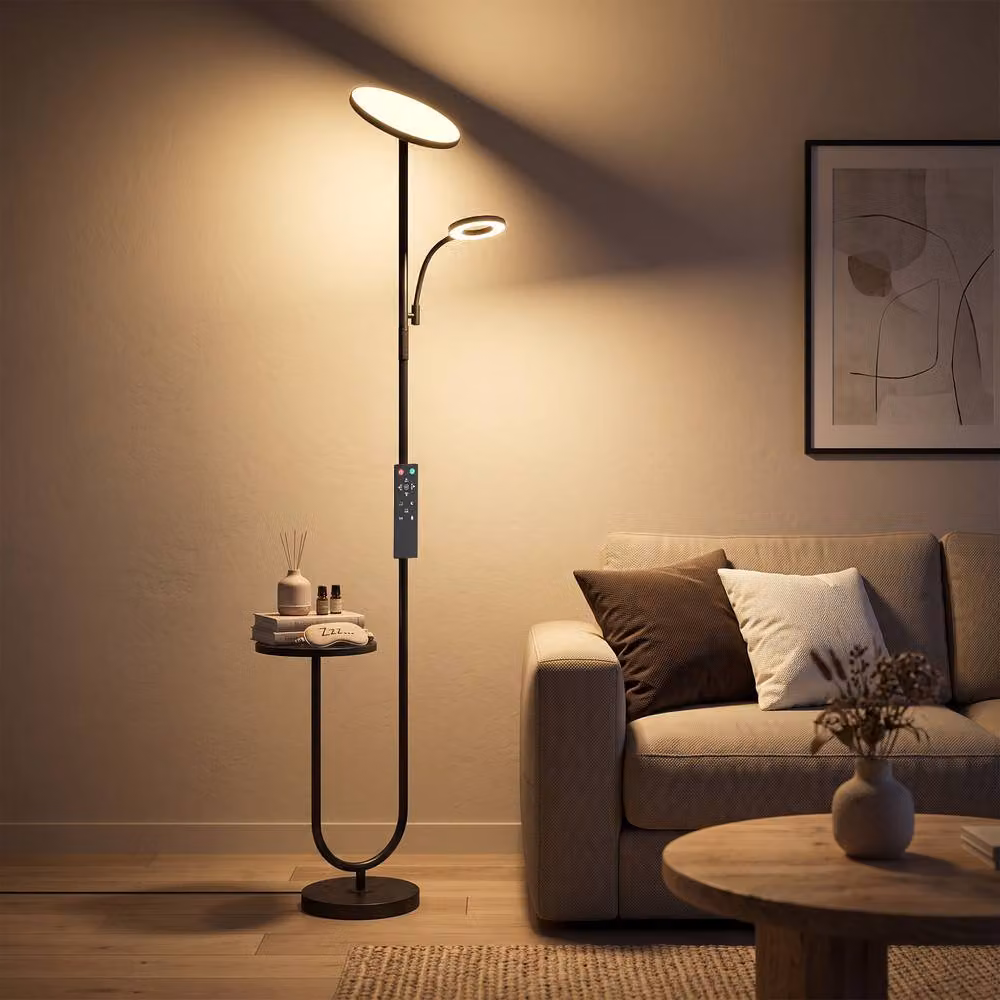 HOMCOM Dimmable Uplighter Floor Lamp with Integrated Table in Black – 2